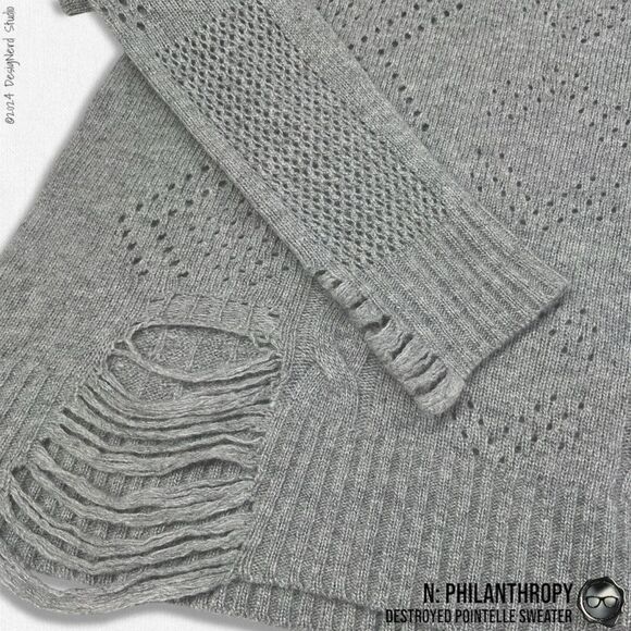 N:PHILANTHROPY DECONSTRUCTED POINTELLE CABLE KNIT SWEATER SHADOW WOOL CASHMERE - Picture 11 of 15